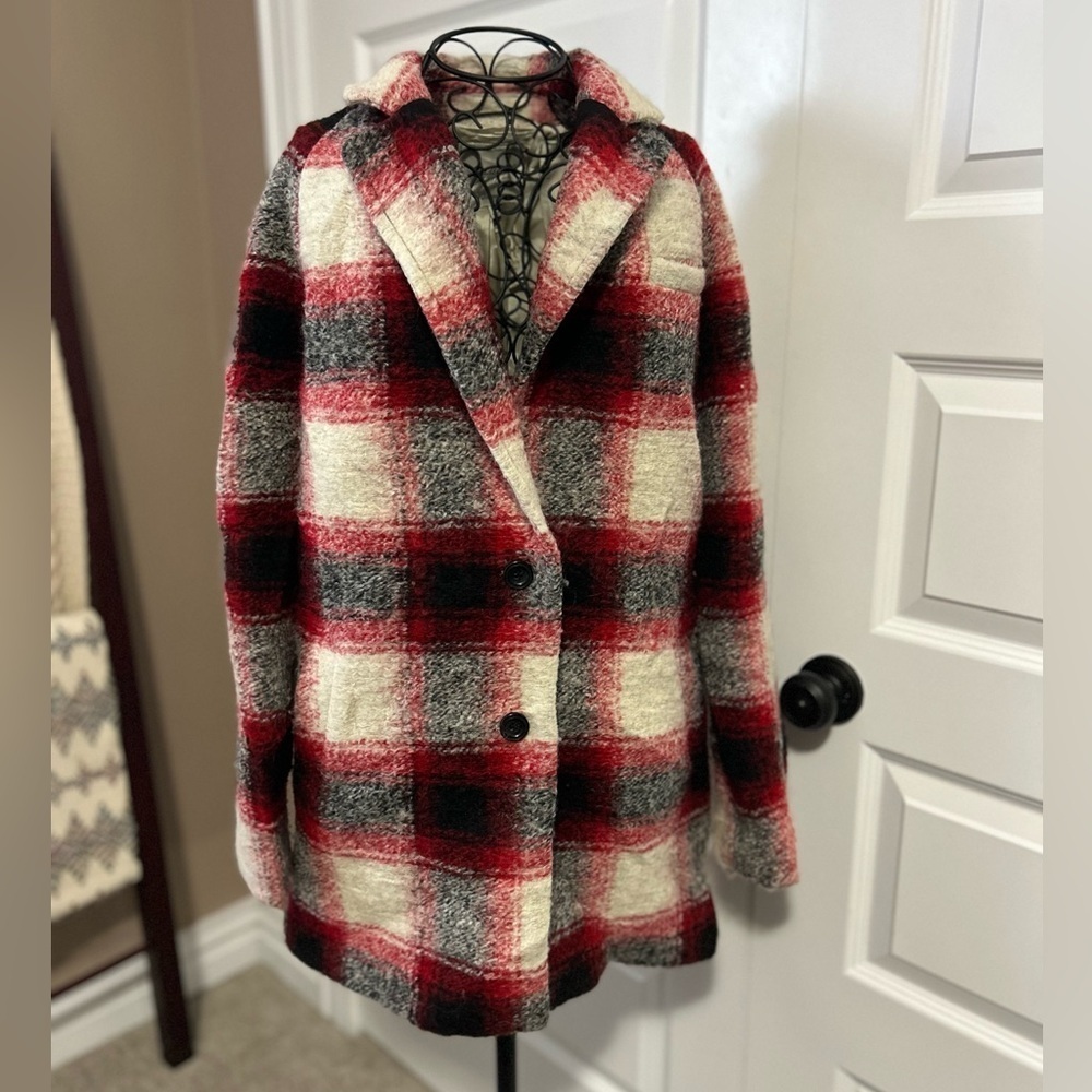 Madewell Wool Plaid Red and Black Winter Pea Coat - Picture 2 of 11